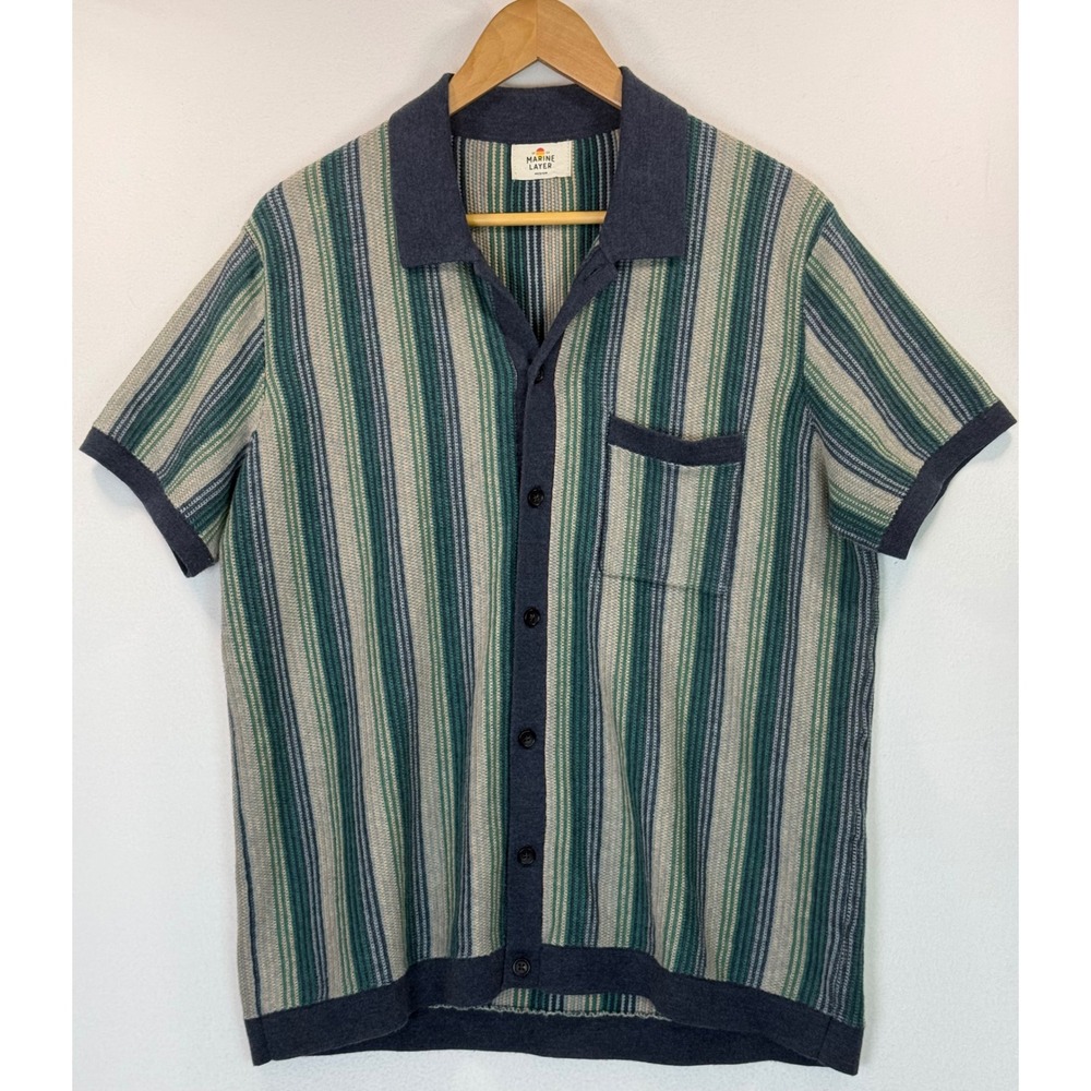 Marine Layer Wyatt Sweater Button Down Polo Men's Knit Blue/Green Striped Sz M